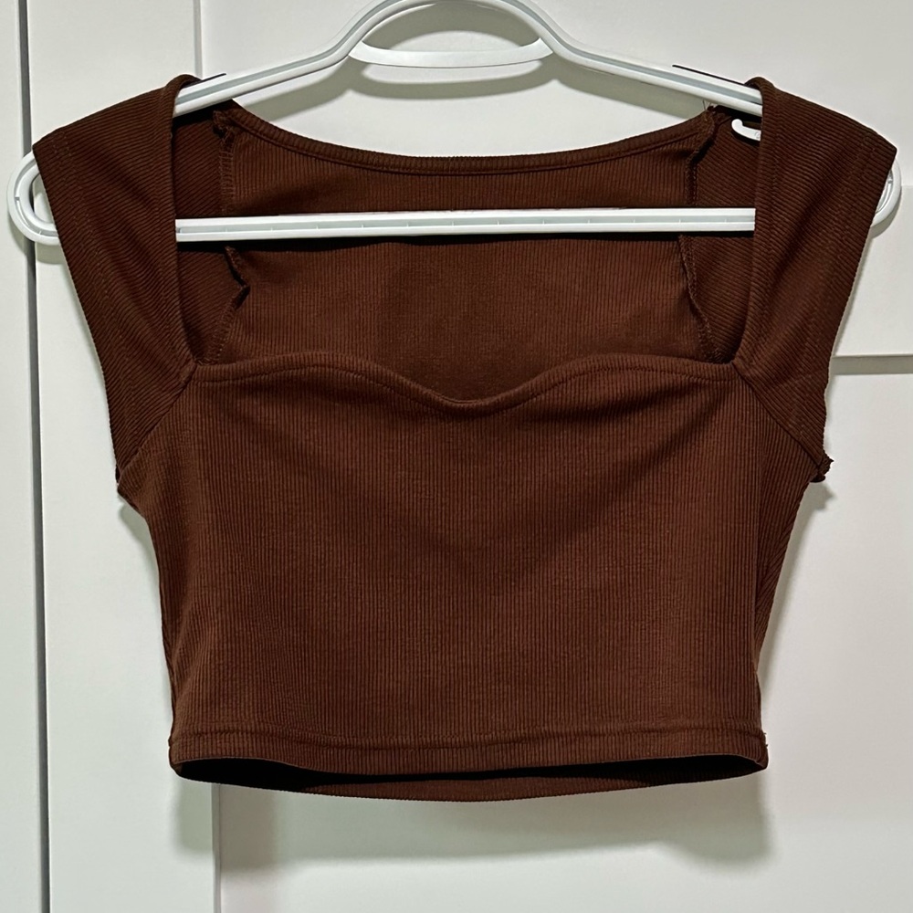 Brown Ribbed Square Neck Crop Top – Size Small